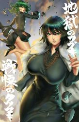 Rule 34 | 2girls, ass, black dress, black hair, breasts, character name, cloud, coat, curvy, dress, eu03, flying, fubuki (one-punch man), fur coat, green eyes, green hair, high heels, huge breasts, japanese text, jewelry, jpeg artifacts, looking at viewer, multiple girls, necklace, one-punch man, pantylines, rubble, short hair, siblings, sisters, sky, small breasts, tatsumaki, text focus, unfinished