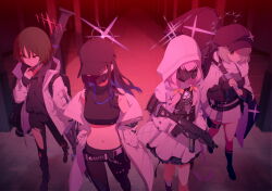 Rule 34 | 4girls, ammunition, ankle holster, armband, artist request, assault rifle, asymmetrical bangs, atsuko (blue archive), backpack, bag, bandaged neck, bandages, baseball cap, belt, belt pouch, black belt, black gloves, black hair, black headwear, black hoodie, black mask, black pants, black shirt, black sweater, blue archive, boots, bow, braid, breasts, buckle, cabbie hat, chest harness, coat, crop top, cz scorpion evo 3, dress, fim-92 stinger, game cg, gas mask, gloves, green eyes, gun, hair bow, hair ornament, hair over one eye, hairclip, halo, harness, hat, highres, hiyori (blue archive), holster, hood, hooded jacket, hoodie, jacket, kneehighs, knife sheath, light green hair, loafers, long hair, low twin braids, man-portable air-defense system, mask, medium breasts, midriff, misaki (blue archive), missile launcher, mouth mask, multiple girls, navel, non-web source, official art, pants, pink hair, bulletproof vest, pouch, red eyes, red lightning, rifle, rocket launcher, saori (blue archive), scarf, scope, sheath, shirt, shoes, short hair, sig 516, sig sauer, skirt, sleeveless, sleeveless shirt, snap-fit buckle, socks, submachine gun, surgical mask, sweater, thigh holster, thigh pouch, thigh strap, torn clothes, torn pants, twin braids, weapon, weapon case, white coat, white dress, white jacket, white scarf, white skirt, window magazine