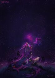 Rule 34 | 1girl, absurdly long hair, arm up, artist name, black gloves, from behind, gloves, hair ornament, highres, league of legends, long hair, looking at viewer, multicolored hair, multiple hands, night, night sky, official alternate costume, official alternate hairstyle, outdoors, outstretched arm, purple hair, purple skirt, shadow, shooting star, sitting, skirt, sky, solo, star (sky), star guardian (league of legends), star guardian pet, star guardian zoe, starry sky, very long hair, zoe (league of legends), ztdlb