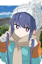 Rule 34 | 1girl, :c, beanie, blue coat, blue hair, blue sky, blush, brown scarf, closed mouth, cloud, coat, commentary, day, dot nose, grey hat, hat, holding, holding hair, ixy, long hair, long sleeves, looking at viewer, outdoors, purple eyes, scarf, shima rin, sidelocks, sky, solo, upper body, white hat, winter clothes, winter coat, yurucamp