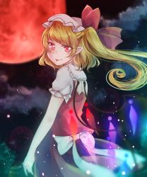 Rule 34 | blonde hair, cloud, crystal, flandre scarlet, full moon, hat, hat ribbon, highres, mob cap, moon, night, night sky, pointy ears, puffy short sleeves, puffy sleeves, red eyes, red moon, red ribbon, red skirt, red vest, ribbon, shinonome kia, short sleeves, side ponytail, skirt, skirt set, sky, smile, solo, tongue, tongue out, touhou, vest, wings