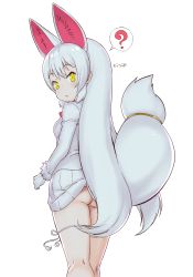 Rule 34 | 1girl, ?, animal ears, ass, breasts, character request, clothes lift, extra ears, fox ears, fox girl, fox tail, gloves, highres, kemono friends, masuyama ryou, no panties, oinari-sama (kemono friends), skirt, skirt lift, small breasts, solo, spoken question mark, tail, white hair, yellow eyes