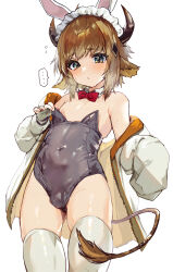 Rule 34 | ..., 1boy, absurdres, alternate costume, animal ears, arknights, bare shoulders, bison (arknights), black leotard, blue eyes, blush, bow, bowtie, brown hair, bulge, closed mouth, commentary request, covered navel, cow ears, cow horns, cow tail, cowboy shot, detached collar, fake animal ears, fingerless gloves, flying sweatdrops, furrowed brow, gloves, highres, horns, jacket, leotard, leotard tug, maid headdress, male focus, male playboy bunny, off shoulder, open clothes, open jacket, paid reward available, rabbit ears, red bow, red bowtie, short hair, single glove, skindentation, sleeves past fingers, sleeves past wrists, solo, spoken ellipsis, standing, strapless, strapless leotard, sweat, tail, thighhighs, traditional bowtie, trap, white thighhighs, yoruhachi