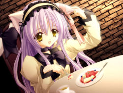 Rule 34 | 1girl, animal ears, brown background, cafe little wish, cat ears, cat tail, dessert, dress, eating, food, fork, game cg, gradient background, hairband, holding, holding fork, long hair, mina (cafe little wish), purple hair, ribbon, sepia background, smile, solo, tail, tea, tinker bell (pixiv 10956015), yellow eyes