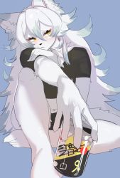 Rule 34 | 1girl, alcohol, animal ears, barefoot, blue background, blush, body fur, can, female focus, furry, furry female, hair between eyes, highres, holding, holding can, long hair, multicolored hair, onikuman, original, simple background, sitting, solo, strong zero, white fur, white hair, wolf ears, yellow eyes