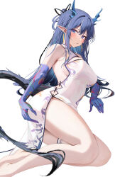 Rule 34 | 1girl, arknights, blue eyes, blue hair, blue horns, blue skin, breasts, china dress, chinese clothes, colored extremities, colored skin, dragon girl, dragon horns, dragon tail, dress, earrings, gradient skin, highres, horns, jewelry, ling (arknights), looking at viewer, medium breasts, pointy ears, ru zhai, simple background, solo, tail, white background, white dress