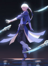Rule 34 | 1boy, ahoge, alphinaud leveilleur, belt, black background, black pants, blue coat, blue eyes, blue footwear, blurry, boots, chromatic aberration, coat, commentary, depth of field, earclip, earrings, elbow gloves, elezen, elf, final fantasy, final fantasy xiv, floating, floating object, floating weapon, from side, full body, glint, gloves, hair ribbon, highres, jewelry, knee boots, komoshita, leg up, long hair, looking ahead, low ponytail, male focus, outstretched arm, pants, pointy ears, pouch, profile, reflective floor, ribbon, sage (final fantasy), solo, square enix, standing, standing on one leg, white gloves, white hair