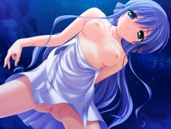 Rule 34 | 1girl, breasts, censored, cloud, dress, female focus, game cg, night, nipples, outdoors, pussy, pussy juice, sky, solo, spread legs, standing