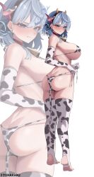 Rule 34 | 1girl, ako (blue archive), alternate costume, anal, anal object insertion, anal tail, angry, animal ears, animal print, ass, bare shoulders, barefoot, bell, bikini, blue archive, blue eyes, blue hair, blush, breasts, butt crack, butt plug, clenched teeth, cow ears, cow girl, cow horns, cow print, cow tail, cowbell, elbow gloves, fake tail, from behind, full body, gloves, hair between eyes, highres, horns, large breasts, looking at viewer, looking back, neck bell, object insertion, sex toy, short hair, side-tie bikini bottom, sideboob, simple background, skindentation, solo, standing, stirrup legwear, swimsuit, tail, teeth, thighhighs, thighs, toeless legwear, torakami14, tying, untied bikini, white background