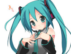 Rule 34 | 1girl, aqua eyes, aqua hair, bare shoulders, detached sleeves, hands on own chest, hatsune miku, karte, microphone, musical note, simple background, smile, solo, twintails, vocaloid, white background