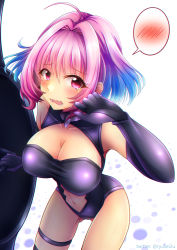 Rule 34 | 1girl, ahoge, blue hair, blurry, blush, bokeh, breasts, chromatic aberration, cleavage, cleavage cutout, clothing cutout, cosplay, covered collarbone, cowboy shot, depth of field, embarrassed, fang, fate/grand order, fate (series), from above, gloves, gorget, hair between eyes, hair intakes, halterneck, idolmaster, idolmaster cinderella girls, large breasts, leotard, looking at viewer, mash kyrielight, mash kyrielight (cosplay), pink eyes, pink hair, shield, simple background, solo, spoken blush, standing, thigh strap, thighhighs, wavy mouth, white background, yumemi riamu