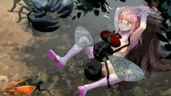 Rule 34 | 1girl, arms up, bestiality, blush, boots, bound, bound wrists, breasts, bug, censored, cicada, commentary request, ho roji (horochi), insect, medium breasts, mosaic censoring, nipples, open mouth, original, outdoors, pink hair, rape, red eyes, scorpion, sex, sitting, thigh boots, thighhighs, translation request, tree