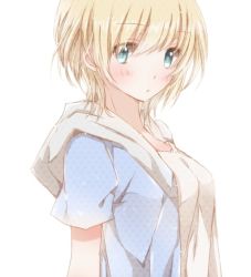 Rule 34 | 1girl, blonde hair, blue eyes, blush, casual, from side, hair between eyes, hiro (hirohiro31), hood, hood down, looking at viewer, looking to the side, original, parted lips, short hair, short sleeves, simple background, sketch, solo, upper body, white background