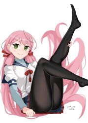 Rule 34 | 1girl, absurdres, akashi (kancolle), alternate legwear, artist name, black pantyhose, blue skirt, blunt tresses, breasts, commentary, dated, green eyes, hair ribbon, hamukiyo, highres, kantai collection, legs up, long hair, long sleeves, looking at viewer, lying, medium breasts, open mouth, pantyhose, pink hair, pleated skirt, red ribbon, ribbon, shirt, simple background, skirt, smile, solo, tress ribbon, very long hair, white background, white shirt