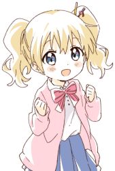 Rule 34 | 1girl, :d, alice cartelet, blonde hair, blouse, blue eyes, bow, bowtie, cardigan, collared shirt, hair ornament, highres, kin-iro mosaic, looking at viewer, namori, open cardigan, open clothes, open mouth, pink bow, pink bowtie, shirt, shirt tucked in, short hair, simple background, smile, solo, striped bow, striped bowtie, striped clothes, twintails, white background, white shirt
