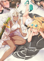 Rule 34 | 2girls, absurdres, ahoge, ass, back, blonde hair, blue eyes, blush, braid, breasts, cleavage, dark-skinned female, dark skin, eyewear on head, fate/grand order, fate (series), halterneck, headpiece, highres, jeanne d&#039;arc (fate), jeanne d&#039;arc (ruler) (fate), jeanne d&#039;arc (swimsuit archer) (fate), jeanne d&#039;arc (swimsuit archer) (second ascension) (fate), lakshmibai (fate), large breasts, long hair, looking at viewer, lying, multiple girls, ohland, on stomach, one-piece swimsuit, one eye closed, ponytail, red eyes, shoes, side braids, sitting, smile, sneakers, sunglasses, sunglasses on head, swimsuit, twin braids, water gun, white footwear, white hair, white one-piece swimsuit