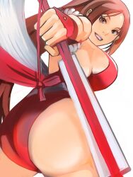 Rule 34 | 1girl, ass, breasts, brown eyes, fatal fury, folded fan, folding fan, hand fan, highres, holding, holding fan, japanese clothes, large breasts, lips, long hair, meke (77842928), ninja, parted bangs, pink lips, shiranui mai, sideboob, simple background, smile, snk, solo, teeth, the king of fighters, white background