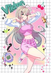 Rule 34 | 1girl, absurdres, ahoge, breasts, character name, closed mouth, collared shirt, green eyes, grey hair, hands up, highres, knee up, long hair, looking at viewer, medium breasts, minj kim, navel, pink skirt, shirt, skirt, smile, solo, viichan, virtual youtuber, waktaverse, white footwear, white shirt