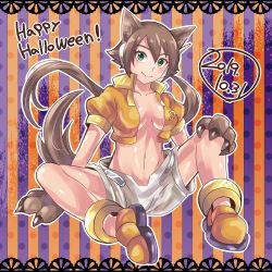Rule 34 | 1girl, 2019, absurdres, adapted costume, aile (mega man zx), alternate color, animal ears, animal hands, blush, bracelet, breasts, brown hair, claws, dated, gloves, green eyes, hair between eyes, happy halloween, highres, himurororo, jewelry, long hair, mega man (series), mega man zx, mega man zx advent, ponytail, robot ears, shorts, sitting, smile, solo, wolf ears, wolf girl, wolf paws