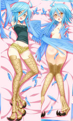 Rule 34 | 10s, 1girl, ass, blue hair, blue wings, blush, breasts, brown eyes, convenient censoring, dakimakura (medium), feathered wings, fusai, harpy, looking at viewer, monster girl, monster musume no iru nichijou, multiple views, open mouth, papi (monster musume), scales, small breasts, winged arms, wings
