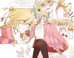 Rule 34 | 1boy, blonde hair, blush, brown pants, cat, closed mouth, collared shirt, cosplay, earrings, emoji, english text, genshin impact, highres, howl (howl no ugoku shiro), howl (howl no ugoku shiro) (cosplay), howl no ugoku shiro, jacket, jacket on shoulders, jewelry, kaveh (genshin impact), long sleeves, male focus, medium hair, necklace, open mouth, pants, pink jacket, red eyes, rrannawayy, shirt, solo, star (symbol), white background, white shirt
