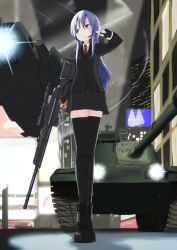 Rule 34 | 1girl, aircraft, blue hair, breasts, bridge, building, caterpillar tracks, earphones, gun, h&amp;k psg1, helicopter, highres, long hair, m48 patton, machine gun, military, military vehicle, motor vehicle, necktie, night, night sky, open mouth, original, pink eyes, revision, rifle, skirt, sky, small breasts, sniper rifle, solo, standing, tank, traffic light, weapon, zafuri (yzrnegy)