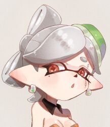 Rule 34 | 1girl, :o, bare shoulders, bow-shaped hair, breasts, cleavage, cross-shaped pupils, detached collar, earrings, facepaint, grey hair, highres, inkling, jewelry, marie (splatoon), medium breasts, mole, mole under eye, nintendo, object on head, official alternate costume, open mouth, plum0o0, pointy ears, red eyes, short eyebrows, short hair, solo, splatoon (series), splatoon 3, symbol-shaped pupils, tentacle hair, upper body
