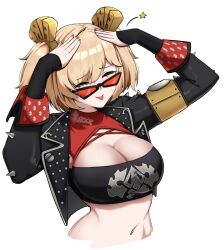 1girl :p ah_eto..._bleh_(meme) black_jacket blonde_hair breasts burnice_white cleavage closed_eyes crop_top fingernails highres jacket large_breasts lion_space meme navel open_clothes open_jacket red-tinted_eyewear simple_background smile solo sunglasses tinted_eyewear tongue tongue_out upper_body white_background zenless_zone_zero