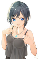 Rule 34 | 1girl, black hair, blue eyes, breasts, casual, cleavage, commentary request, gogo (detteiu de), highres, kingdom hearts, kingdom hearts 358/2 days, looking at viewer, open mouth, short hair, simple background, smile, solo, white background, xion (kingdom hearts)