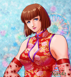 Rule 34 | 1girl, anna williams, bad id, bad pixiv id, bare shoulders, blue eyes, bob cut, breasts, brown hair, china dress, chinese clothes, cleavage, cleavage cutout, clothing cutout, dress, elbow gloves, eyebrows, gloves, lipstick, makeup, nardo, red dress, short hair, signature, solo, tekken