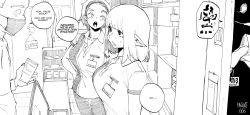 Rule 34 | 1boy, 2girls, absurdres, bangs pinned back, blush, breasts, cellphone, collared shirt, convenience store, cowboy shot, elf, employee uniform, eye contact, greyscale, hairband, hand on own hip, highres, id card, indoors, looking at another, mask, medium breasts, medium hair, monochrome, mouth mask, multiple girls, norman maggot, original, pants, phone, pointy ears, polo shirt, shelf, shirt, shop, short sleeves, smartphone, snort, speech bubble, sweatdrop, uniform