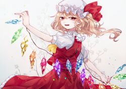 Rule 34 | 1girl, :d, arm up, ascot, blonde hair, blurry, crystal, depth of field, dot nose, flandre scarlet, katai (nekoneko0720), looking at viewer, nail polish, one side up, open mouth, puffy short sleeves, puffy sleeves, red eyes, red nails, red skirt, red vest, short sleeves, simple background, skirt, skirt set, smile, solo, teeth, touhou, vest, white background, wings, yellow ascot