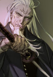 Rule 34 | 1boy, beard, black suit, blurry, blurry foreground, facial hair, golden kamuy, grey eyes, hijikata toshizou (golden kamuy), holding, holding sword, holding weapon, katana, light smile, long hair, long sleeves, looking at viewer, male focus, old, old man, solo, suit, sword, thick eyebrows, w55674570w, weapon, white hair, wrinkled skin
