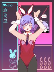 Rule 34 | 10qi, 1girl, absurdres, blinking, blush, colored eyelashes, hair bun, heterochromia, highres, leotard, light purple hair, looking at viewer, multicolored eyes, necktie, original, playboy bunny, solo, tongue, tongue out