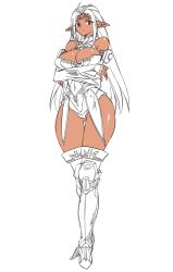 Rule 34 | 1girl, armor, armored boots, bajou takurou, bare shoulders, boots, breast hold, breasts, bridal gauntlets, circlet, cleavage, cleavage cutout, clothing cutout, covered navel, curvy, dark-skinned female, dark skin, detached sleeves, diesel generator (ole tower), full body, hip focus, large breasts, leotard, long hair, long sleeves, ole tower, over-kneehighs, partially colored, pointy ears, purple eyes, simple background, solo, standing, thick thighs, thigh boots, thighhighs, thighs, very long hair, white background, wide hips