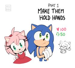 Rule 34 | 1boy, 1girl, 1other, ahoge, amy rose, animal ears, animal nose, aqua eyes, arms behind back, arrow (symbol), artist name, bare shoulders, blue fur, blush, cat ears, closed mouth, commentary, dress, english commentary, english text, eyelashes, furry, furry female, furry male, gloves, green eyes, hair bobbles, hair ornament, hairband, hand up, heart, hedgehog, hedgehog ears, hedgehog girl, hedgehog tail, kiioki11, looking at another, looking to the side, meme, open mouth, own hands together, pink fur, red dress, red hairband, short hair, short twintails, simple background, sleeveless, sleeveless dress, smile, sonic (series), sonic the hedgehog, standing, twintails, twitter strip game (meme), white background, white gloves