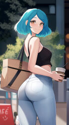 Rule 34 | 1girl, ass, bag, bare shoulders, black tank top, blue hair, cawfield, coffee cup, cup, disposable cup, drinking straw, from behind, handbag, highres, looking back, original, outdoors, shopping, short hair, smile, solo, tank top, yellow eyes