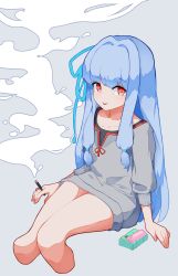 Rule 34 | 1girl, absurdres, between fingers, blue hair, blue ribbon, cigarette, collarbone, commentary request, cropped legs, grey background, grey shirt, hair intakes, hair ribbon, highres, holding, holding cigarette, kotonoha aoi, lighter, long hair, long sleeves, looking at viewer, piercing, red eyes, ribbon, shirt, sidelocks, simple background, smoke, solo, tongue, tongue out, tongue piercing, very long hair, voiceroid, yusake san