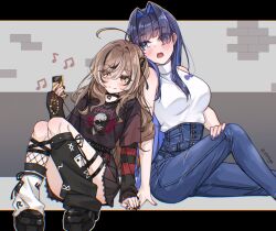 Rule 34 | 2girls, ahoge, belt, belt chain, black choker, black leg warmers, black nails, black shirt, black skirt, black sweater, blue eyes, blue hair, blue nails, blunt bangs, brick wall, brown eyes, brown hair, cellphone, charm (object), choker, colored inner hair, denim, earphones, emo fashion, fang, feathers, hair intakes, hair over one eye, highres, hime cut, holding, holding hands, holding phone, hololive, hololive english, huge ahoge, jeans, knees together feet apart, lace-trimmed choker, lace trim, leaning on person, letterboxed, long hair, multicolored hair, multiple girls, musical note, nanashi mumei, nanashi mumei (emo), nightmare (nanashi mumei), official alternate costume, one side up, ouro kronii, ouro kronii (casual), pants, phone, platform footwear, pleated skirt, red sweater, shirt, shirt tucked in, sitting, skin fang, skirt, sleeveless, sleeveless shirt, smartphone, smile, streaked hair, striped clothes, striped sweater, sweater, sweater under shirt, t-shirt, thigh strap, torn clothes, torn sweater, turtleneck, two-tone sweater, very long hair, virtual youtuber, wavy hair, white leg warmers, white shirt, zixsiga