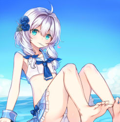 Rule 34 | 1girl, ahoge, aqua eyes, bad id, bad pixiv id, barefoot, blue flower, blue neckwear, blue ribbon, blue rose, blue sailor collar, blue skirt, blue sky, blush, closed mouth, cloud, commentary request, crop top, day, feet, flower, frilled skirt, frills, hair between eyes, hair flower, hair intakes, hair ornament, hair over shoulder, hair ribbon, head tilt, heart, horizon, looking at viewer, mouth hold, ocean, outdoors, panties, pleated skirt, ribbon, rose, sailor collar, school uniform, serafuku, shirt, silver hair, sitting, skirt, sky, smile, soles, solo, soulworker, spread toes, stella unibell, tama (tamatamo), toes, underwear, water, white panties, white shirt, wrist cuffs