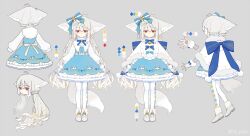Rule 34 | 1girl, ahoge, animal ear fluff, animal ears, argyle, argyle clothes, argyle legwear, ascot, bacheally, back, back bow, bell, bib, blue bow, blue dress, boots, bow, bowtie, brown footwear, capelet, character sheet, child, collar, color guide, cropped head, cropped torso, dress, ears down, facing ahead, fox ears, fox girl, fox tail, frilled collar, frilled dress, frills, full body, fur-trimmed capelet, fur-trimmed gloves, fur trim, gloves, grey background, hair between eyes, hair bow, high collar, highres, large bow, large ears, large tail, layered dress, long hair, long sleeves, looking at viewer, multiple views, open hand, original, pantyhose, print dress, red eyes, sakurada shiro (hy plus), shirt, simple background, solo, standing, star (symbol), star print, striped clothes, striped dress, tail, twitter username, very long hair, white capelet, white gloves, white hair, white pantyhose, white shirt, winter clothes