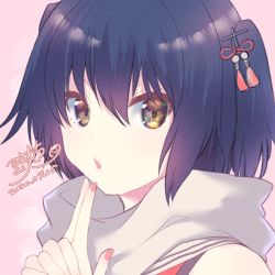 Rule 34 | 1girl, bare shoulders, black hair, brown eyes, commentary request, dated, hair between eyes, hair ornament, hands up, kantai collection, kuji-in, looking at viewer, nail polish, orange shirt, parted lips, pink background, red nails, sailor collar, scarf, sendai (kancolle), shirt, signature, sleeveless, sleeveless shirt, solo, tsukimochikuriko (tsukimochi k), two side up, upper body, white sailor collar, white scarf