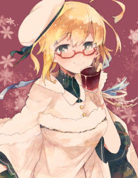 Rule 34 | 1girl, alcohol, blonde hair, blue ribbon, blush, cinnamon stick, cup, dress, drinking glass, food, fruit, glass, glasses, gloves, gluhwein, gradient background, green eyes, hair ribbon, holding, holding cup, holding drinking glass, i-8 (kancolle), itomugi-kun, kantai collection, lace, lace-trimmed shirt, lace trim, lemon, lemon slice, looking at viewer, no cape, pink background, red background, ribbon, shirt, smile, snowflakes, solo, steam, upper body, white dress, white gloves
