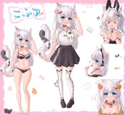 Rule 34 | &gt; &lt;, 1girl, animal ear legwear, animal ears, bandaid on chest, black bra, black choker, black panties, black skirt, blue eyes, bra, breasts, candy, cat ear legwear, cat ears, cat girl, cat tail, choker, collar, crying, crying with eyes open, fake animal ears, fang, food, full body, headphones, highres, large breasts, lollipop, long hair, looking at viewer, multiple tails, musical note, navel, original, panties, red collar, shirt, short sleeves, skirt, stomach, tail, tears, thighhighs, twintails, two tails, underwear, underwear only, white hair, white shirt, white thighhighs, xhake