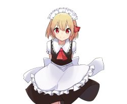 Rule 34 | 1girl, alternate costume, apron, arms behind back, blonde hair, closed mouth, cowboy shot, enmaided, hair ribbon, hino (yuruyurukoubou), looking at viewer, maid, maid headdress, red eyes, red ribbon, ribbon, rumia, short hair, short sleeves, simple background, smile, solo, touhou, white apron, white background