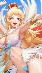 Rule 34 | 1girl, armpits, arms up, bangle, bikini, blonde hair, blue background, blue bikini, blue bow, blunt bangs, bow, bracelet, bracer, breasts, cleavage, commentary, cowboy shot, crown, english commentary, feathered wings, highres, jewelry, large breasts, long hair, looking afar, navel, navel piercing, open mouth, piercing, pointy ears, purple eyes, ragnarok online, rio, simple background, smile, solo, swimsuit, wanderer (ragnarok online), white wings, wings