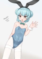Rule 34 | 1girl, absurdres, alternate costume, animal ears, bare shoulders, blue bow, blue bowtie, blue hair, blue leotard, bow, bowtie, brown eyes, cowboy shot, dated, detached collar, double bun, flat chest, gradient background, hair bun, highres, kantai collection, leotard, maru (marg0613), pantyhose, playboy bunny, rabbit ears, samuel b. roberts (kancolle), short hair, solo, standing, strapless, strapless leotard, thighband pantyhose, twitter username, white background, white pantyhose, wrist cuffs