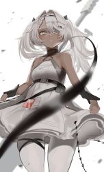 Rule 34 | 1girl, anti-materiel rifle, arm tattoo, bare shoulders, blush, bolt action, bow, braid, breasts, clothes lift, collarbone, dark-skinned female, dark skin, dress, dress lift, eyepatch, feet out of frame, from below, girls&#039; frontline, grey eyes, gun, hair bow, hair ornament, hairpin, highres, hs.50 (girls&#039; frontline), long hair, looking at viewer, open mouth, rifle, saturndxy, simple background, small breasts, sniper rifle, solo, standing, steyr hs .50, tattoo, thighs, twintails, weapon, white dress, white hair