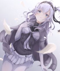 Rule 34 | 1girl, absurdres, anchor symbol, bad id, bad pixiv id, black sailor collar, bodysuit, breasts, cape, closed mouth, clothes writing, corset, cowboy shot, gradient background, grey background, grey cape, grey eyes, grey jacket, hachimaki, hair between eyes, hair ornament, hand on own chest, headband, highres, jacket, kantai collection, long hair, looking away, medium breasts, one side up, petals, propeller hair ornament, sa-ya2, sailor collar, silver hair, skirt, solo, suzutsuki (kancolle), white bodysuit, white headband, white neckwear, white skirt