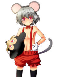 Rule 34 | 1girl, animal ears, black thighhighs, breasts, calligraphy brush (medium), choker, collarbone, cosplay, disney, female focus, fukunaga kazuhiro, gloves, grey hair, hand on own hip, highres, looking at viewer, mickey mouse, mickey mouse (cosplay), mouse ears, mouse tail, navel, nazrin, pink eyes, ribbon choker, shorts, simple background, small breasts, smile, solo, stomach, suspenders, tail, thighhighs, topless, touhou, white background, white gloves